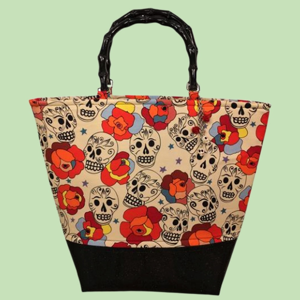 🌺Kinny & Howie Tiki Skull & Roses Bamboo Tote Bag
